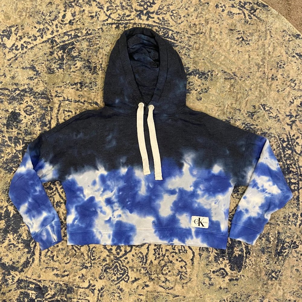 Calvin Klein Blue Tie Dye Cropped Hoodie Sweatshirt, Size S